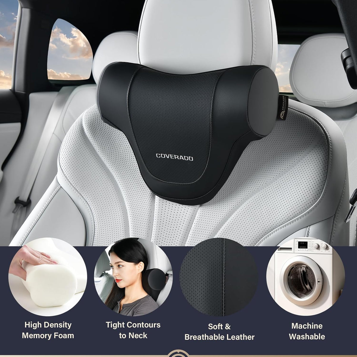 Coverado Car Headrest Pillow, Ergonomic Memory Foam Car Neck Pillow for Driving Seat with Adjustable Strap, Soft PU Leather Breathable Removable Cover Neck Support for Neck Pain Relief
