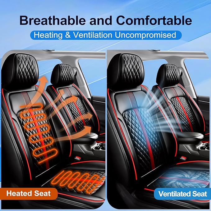 Fit Bolt Car Seat Covers for Select Chevrolet Bolt/Bolt EUV 2017-2025 - Premium Full Coverage Leather, Airbag Compatible, Waterproof & All Weather Seat Cushion Protector, Full Set, Red Trim