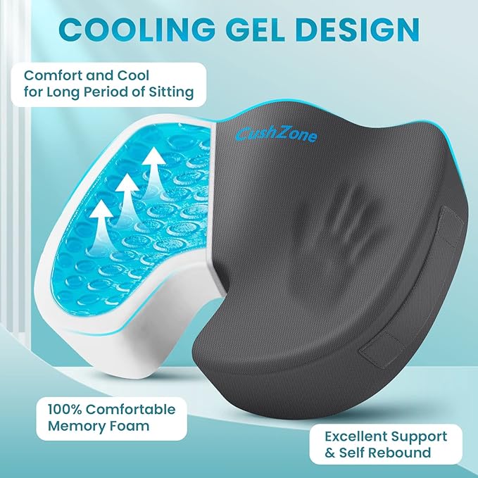 Office Chair Seat Cushion, Cooling Gel Enhanced Memory Foam Cushion for Long Sitting - Back, Sciatica, Coccyx, Tailbone Pain Relief Pillow - for Office, Gaming, Car, Wheelchair - Grey, Large