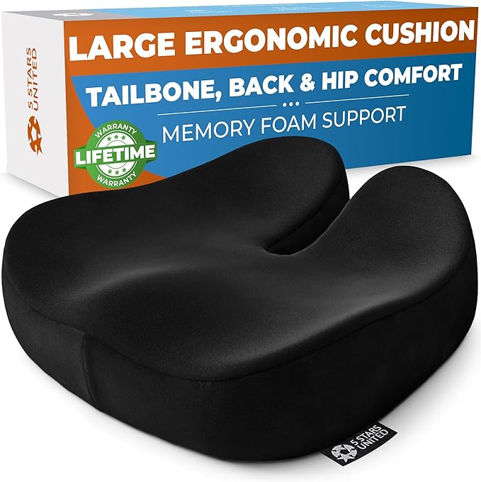 5 STARS UNITED Seat Cushion - Memory Foam Chair Cushion for Tailbone Pain Relief - Ergonomic Support for Coccyx, Sciatica & Butt - Office, Desk & Gaming Chair, Car Seat, Wheelchair, Black Suede