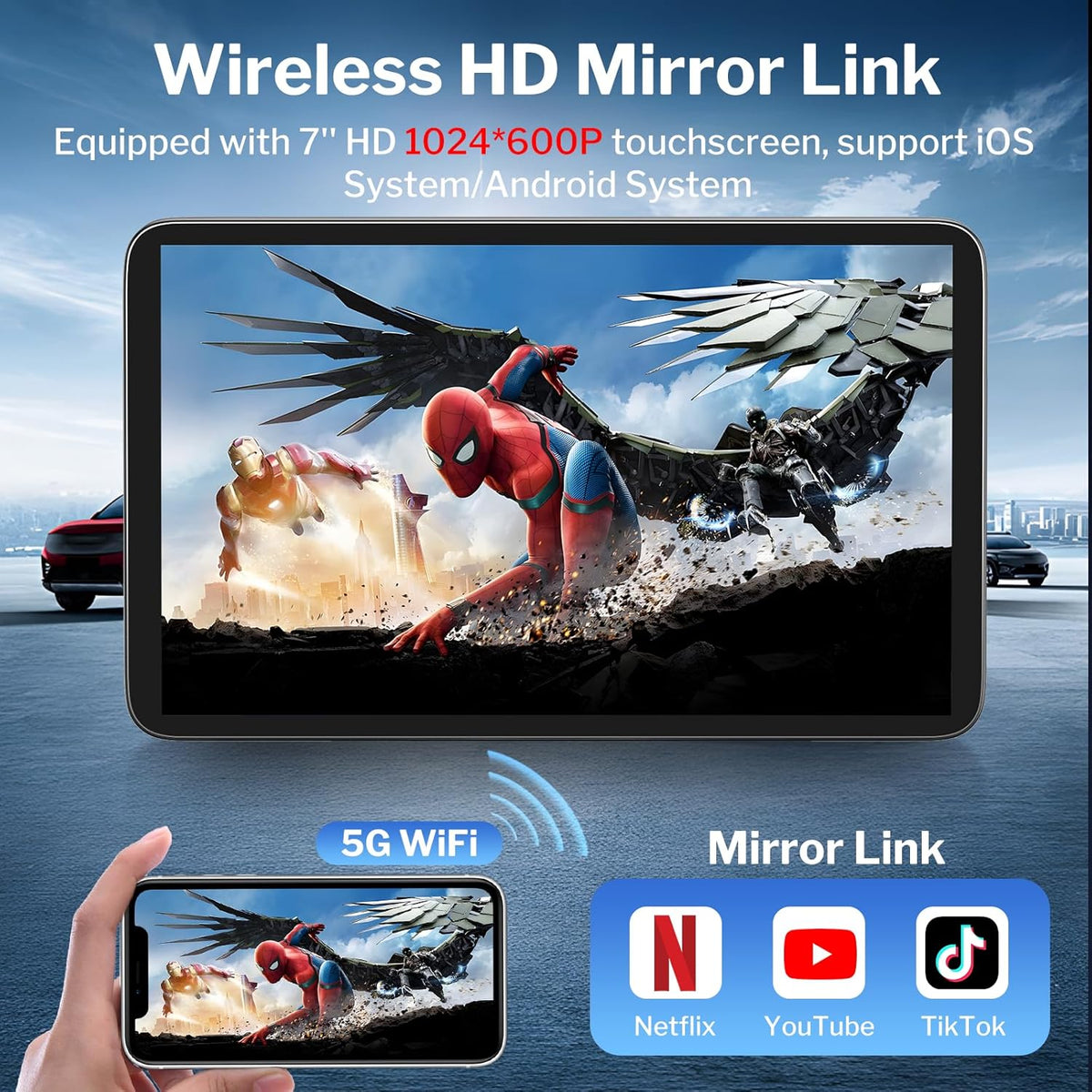 Wireless Apple Carplay Screen for Cars, 7" HD Portable Car Stereo Touch Screen for Apple CarPlay & Android Auto with Backup Camera/Mirror Link/Siri/Voice Control/GPS Navigation/AUX for All Vehicles