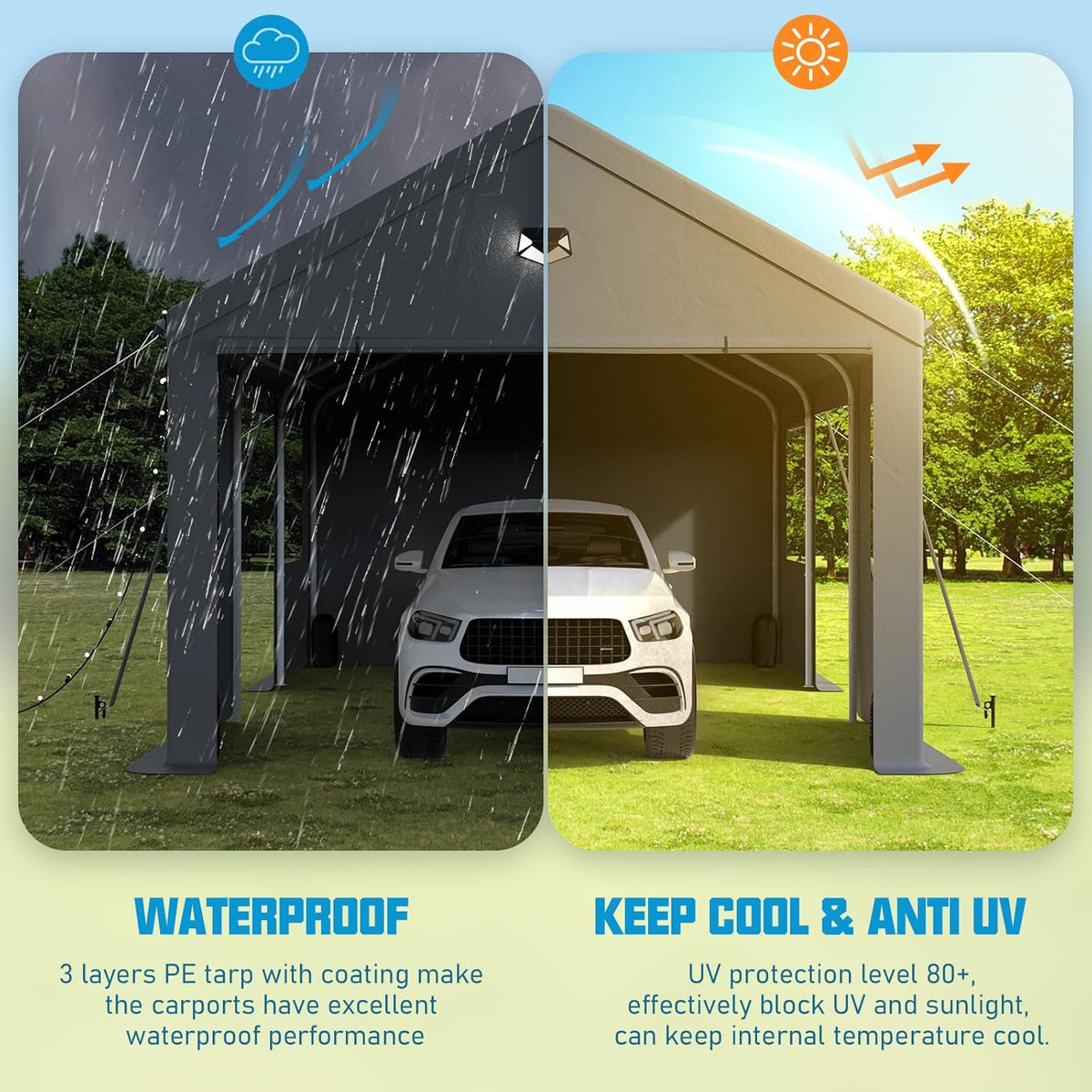 10x20 Carport, Heavy Duty Carport Canopy Garage with Removable Sidewalls and Drive Through Roll Up Zipper Doors & Side Doors, Grey