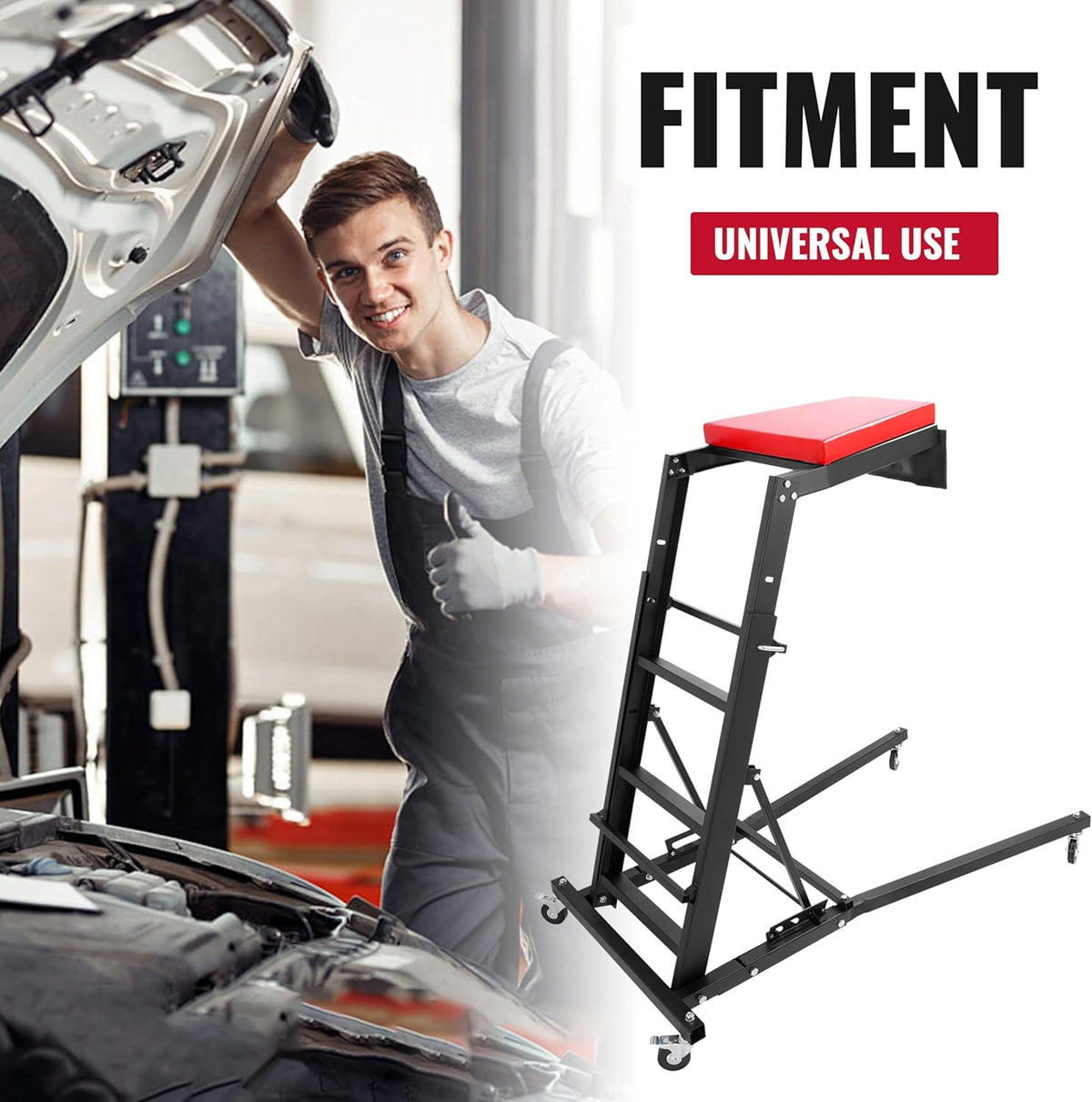 HECASA Top Automotive Creeper Easily Access Repair Engines, 50"-67" Adjustable and Foldable with 4 Swivel Caster Wheels 400LBS Weight Capacity Black Powder Coated Steel