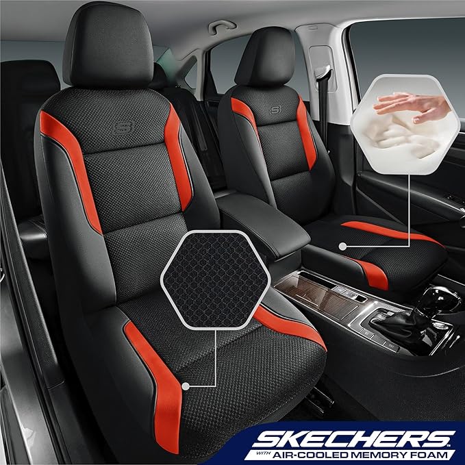 Skechers Memory Foam Car Seat Covers, Air Cool Mesh Thick Seat Covers, Car Seat Full Sets, Airbag Compatible, Automotive Comfort Protection for Most Cars,Vans,Trucks, SUVs,Orange