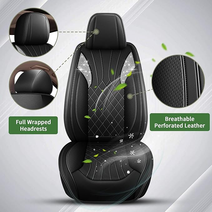 Bling Diamond Embroidered Seat Covers Fit for Nissan Juke 2011-2017(S/SV/SL), Full Set 5 Seats, Sparkle Rhinestone Breathable Perforated Faux Leather Car Seat Covers for Women (Black)