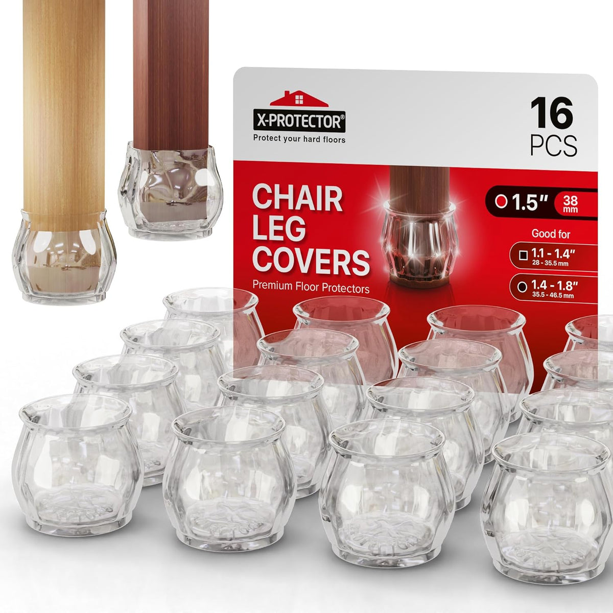 X-Protector Silicone Chair Leg Floor Protectors with Non-Slip Bottom - 16 PCS - Anti-Slip Chair Leg Covers - Non-Skid Furniture Leg Caps - Furniture Pads for 1.4-1.8" Round & 1.1-1.4" Square Legs!
