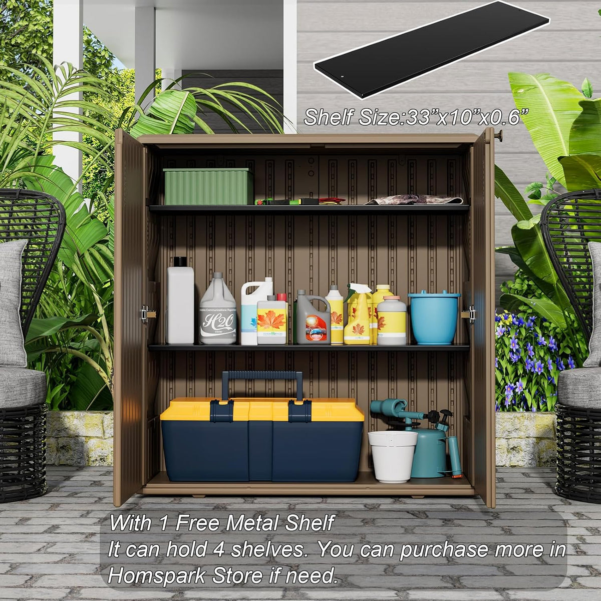 HOMSPARK Indoor/Outdoor Storage Cabinet with Doors and Shelf, 34”x16”x36” HDPE Plastic Storage Box for Bedroom, Bathroom, Living Room, Balcony, Multi-Purpose for Toys, Kitchen Tools, Coffee