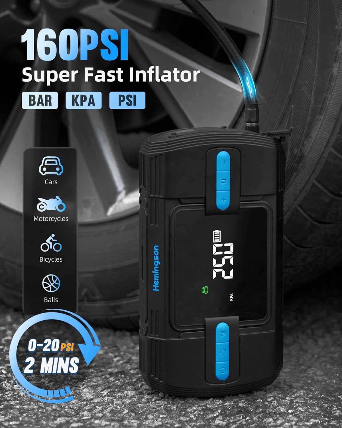 Jump Starter with Air Compressor, 3000A 160PSI Car Battery Jump Starter for 9.0L Gas & 8.0L Diesel Engines, 12V Portable Car Jumper with LCD Display & 4-Mode LED Flashlight