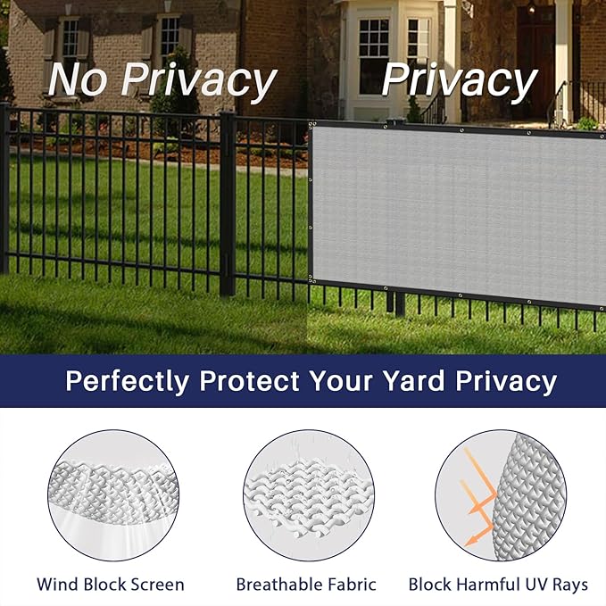 Windscreen4less Privacy Fence Screen Heavy Duty Windscreen Fencing Mesh Fabric Shade Net Cover with Brass Grommtes for Outdoor Wall Garden Yard Pool Deck, 8'x107' Light Gray