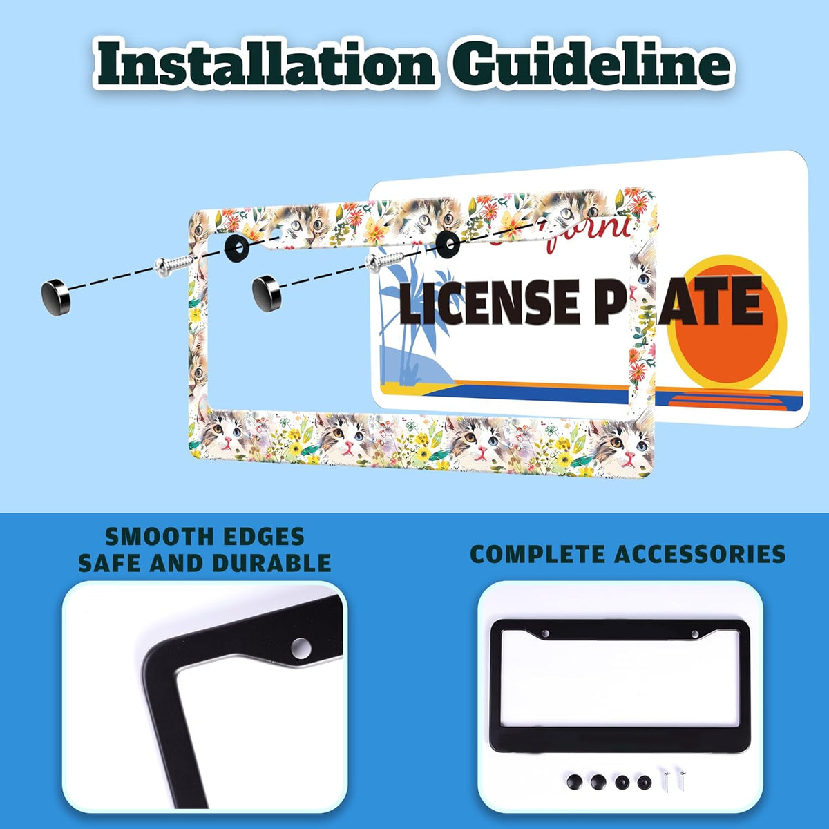 Cute Cat License Plate Frame Kitten Stainless Steel License Plate Holder for Front or Rear Car Tags Funny for Car Decoration Accessories with Screws 6.3 X 12.2 in for Women Men