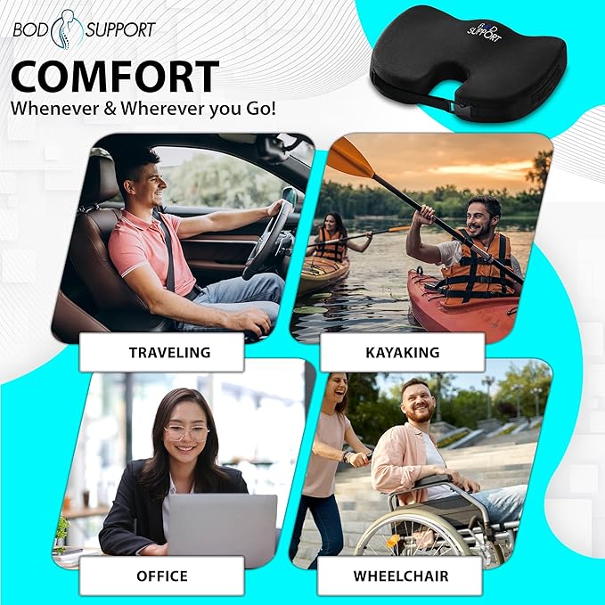 Seat Cushions for Office Chairs, Desk Chairs, and Car Seats - Enhances Posture and Support - Non-Slip Ergonomic Design with Adjustable Straps - Sciatica and Tailbone Relief (Black)