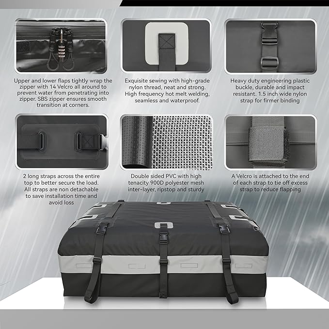 MARCHWAY Waterproof Car Roof Luggage Bag, Weatherproof Soft Shell Rooftop Cargo Carrier Bag for Vehicles with or Without Rack. 6 Door Hooks, Anti Slip Mat, Lock Included (15 Cubic Feet, Black)