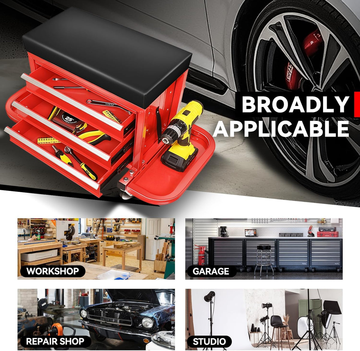 Auto Dynasty 3-Drawer Mechanic Rolling Seat, 350 LBS Capacity Roller Garage Shop Seat with Storage Tool Tray for Workshop, Repair Shop, Warehouse, Red