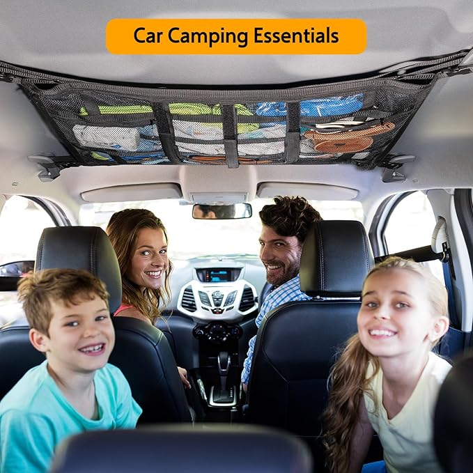 Car Ceiling Cargo Net with 3 Pockets,31.5"x21.6" Car Overhead Storage Mesh Organizer,Double Layer Roof Mesh Camping Overlanding Gear Must Haves Cargo Net,Road Trip Essentials