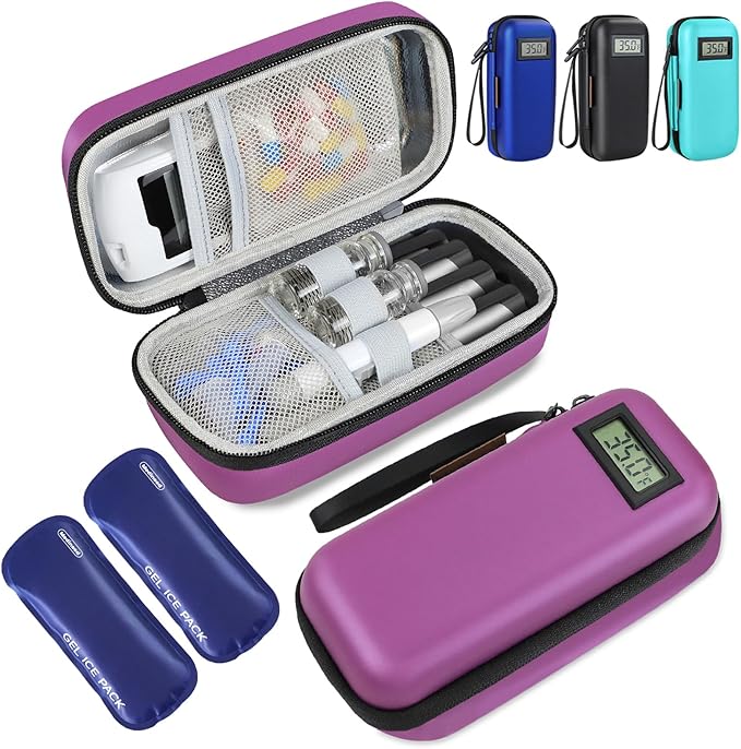 Insulin Cooler Travel Case, Portable Temperature Display Medicine Travel Cooler, Diabetes Case with 2 Reusable Ice Packs TSA Approved for Diabetic Supplies Patent Pending(Purple)
