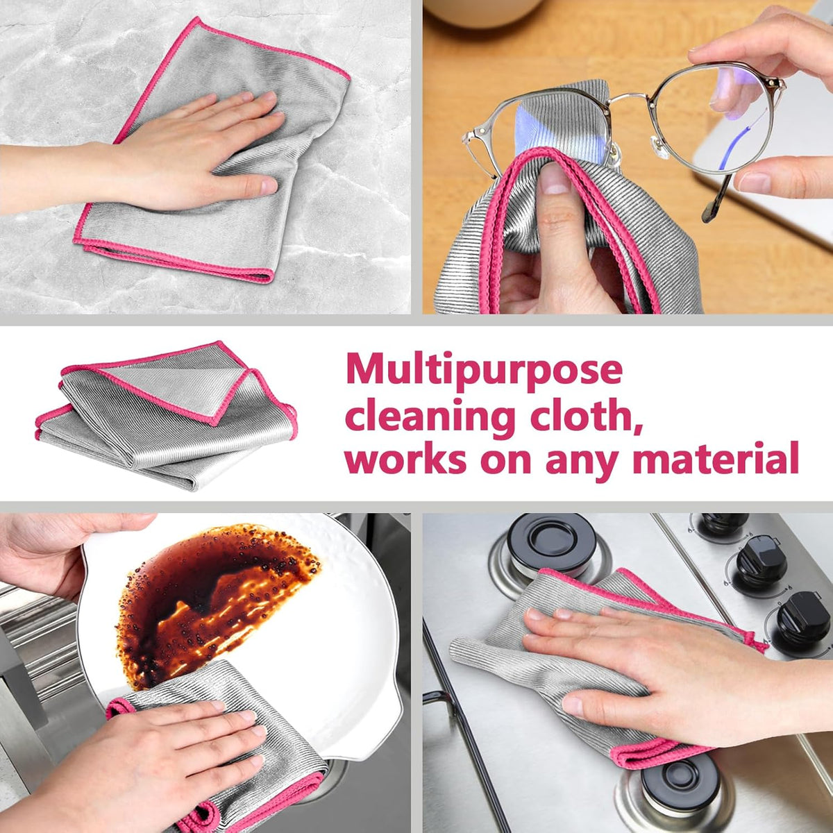 Glass Polishing Cloth Streak Free Miracle Microfiber Cleaning Cloth Lint Free Cleaning Rags for Glasses Kitchen Dish Mirrors Easy Clean, Pack of 6, 12" x 12", Sliver-Pink