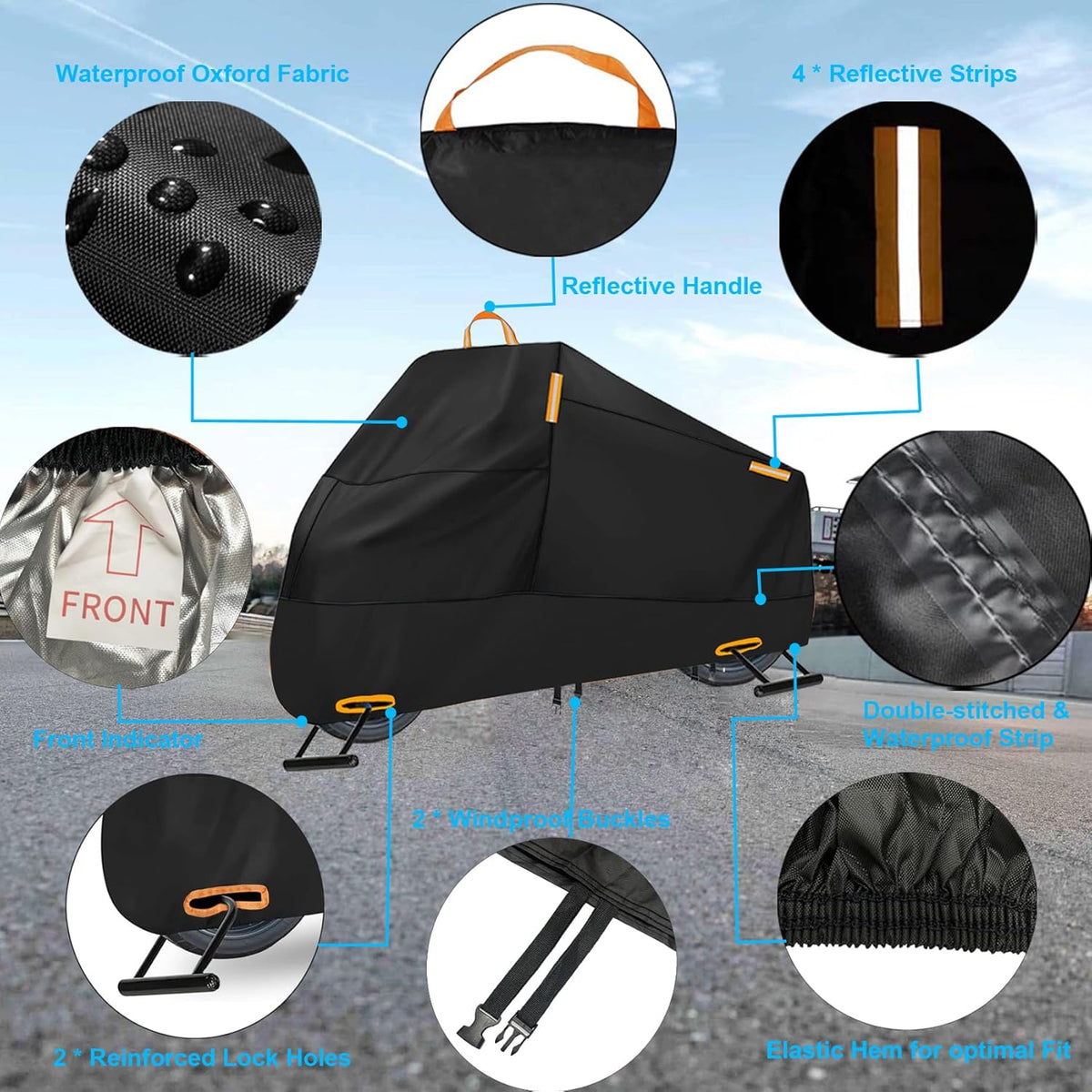 Motorcycle Cover Waterproof Outdoor, 300D Heavy Duty Motorcycle Cover for Harley Davidson Electra Glide Ultra Limited CVO Road Street Glide Honda Gold Wing Protection Fits up to 116" - Black