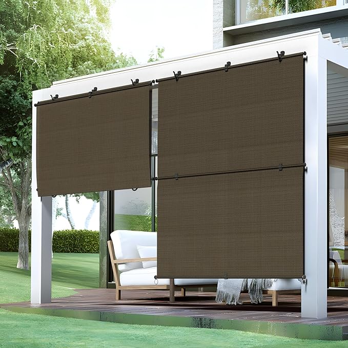 Bynbbur 5'W x 8'H Outdoor Patio Shades Foldable Roller Blinds, 220 GSM Sun Shade Roll Up Porch Screens Exterior Shade Cloth for Deck Pergola Backyard, Brown