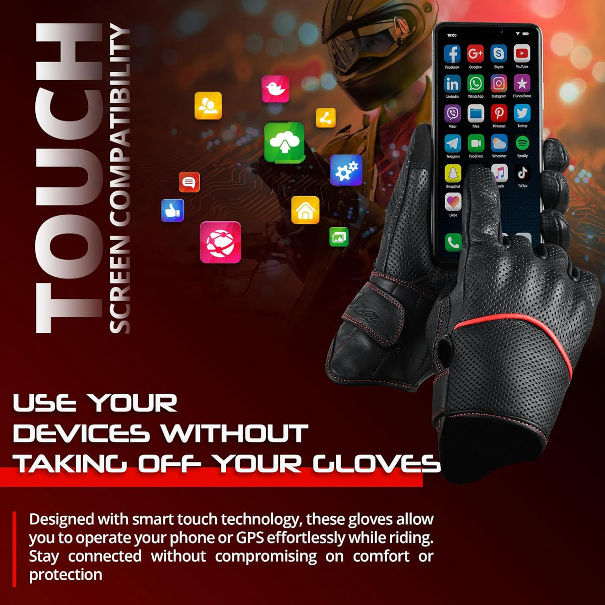 aasportx Motorcycle Gloves - Men's Leather Motorbike Gloves with Touchscreen Function - Non-Slip Pads for Men & Women
