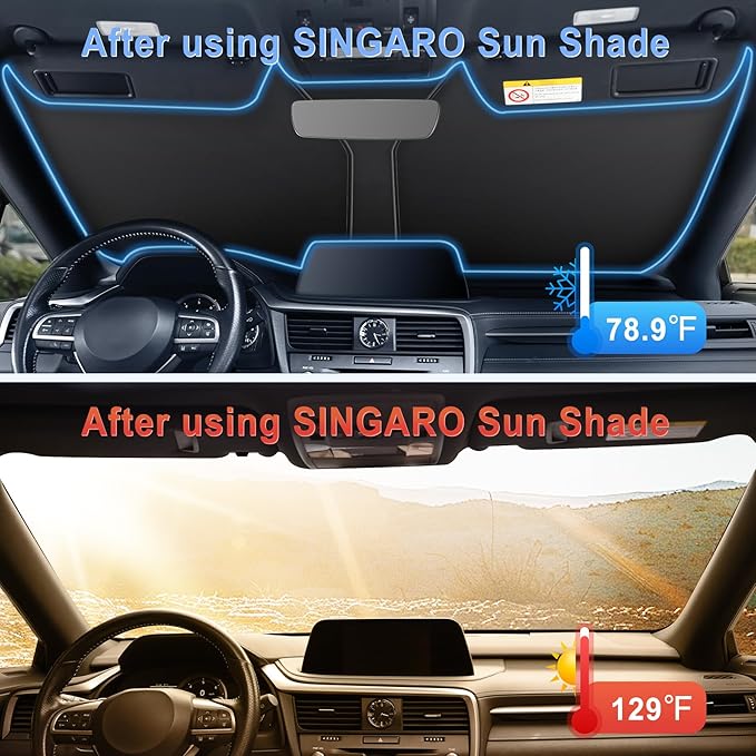 SINGARO 300T Universal Car Windshield Sun Shade, Foldable Reflective for Windshield & Window Shades with Overlapping Design, Car Interior Accessories (55" L x 26.7" W)
