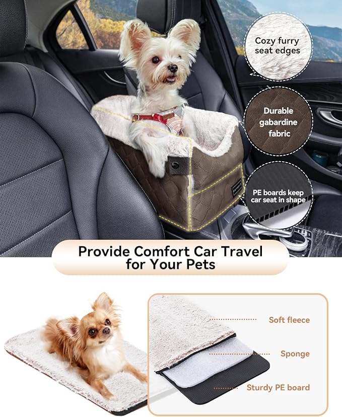 PETSFIT Center Console Dog Car Seat with Safe Protection Hooks, Pet Car Seat with Upgraded Safety Tethers, Washable Cushion, Console Dog Car Seats for Small Dogs (Coffee)