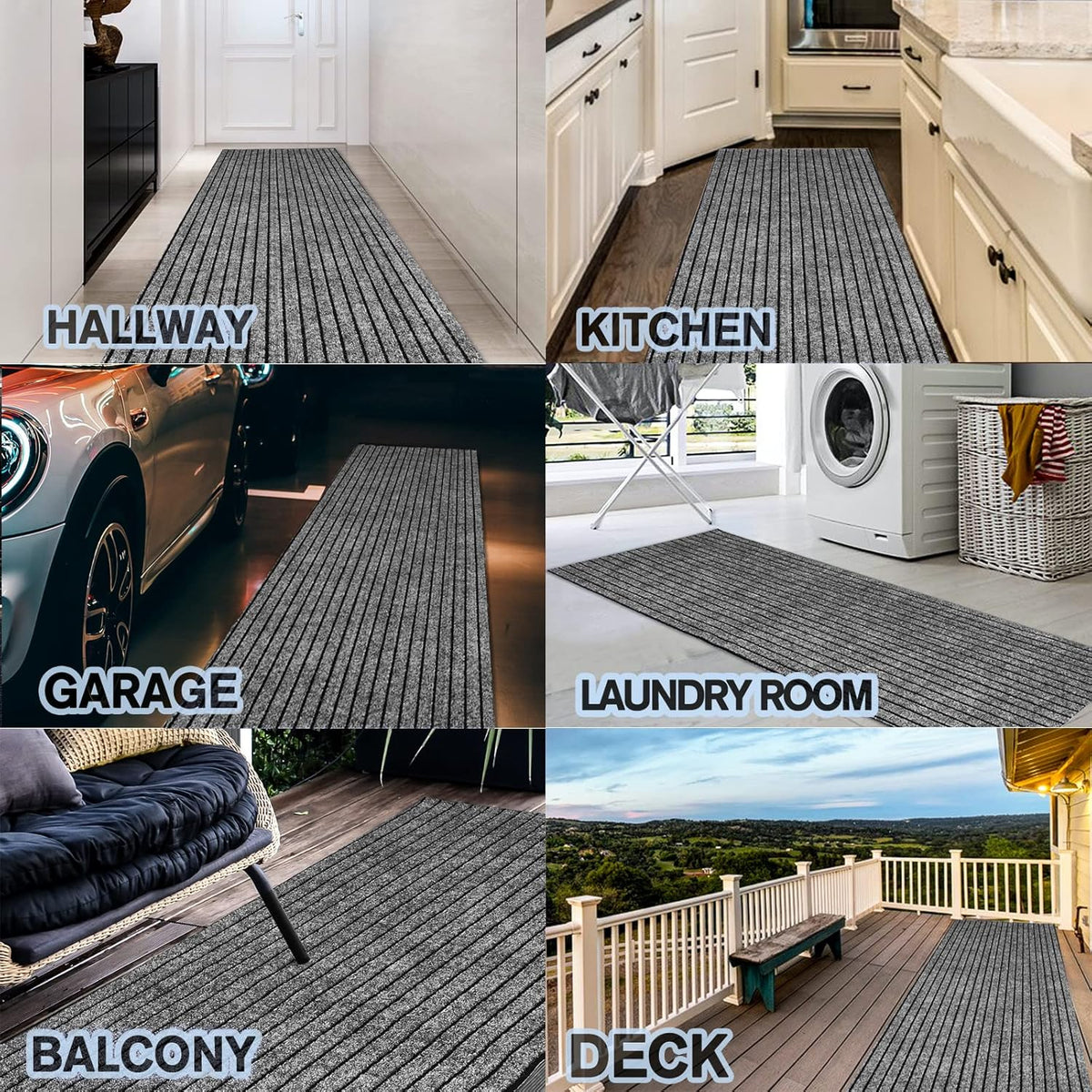 Custom Size Backed Non-Slip Area Rugs Runner, Easy Clean, Waterproof Runner Rugs for Hallway Entryway, Kitchen, Laundry, 2FT x 48FT, Gray Stripe