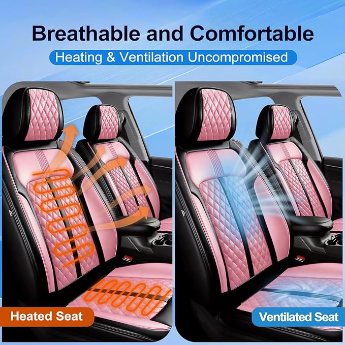 Fit Bolt Car Seat Covers for Select Chevrolet Bolt/Bolt EUV 2017-2025, Premium Full Coverage Leather, Airbag Compatible, Waterproof All Weather Seat Cushion Protector, Front Pair Black+Pink