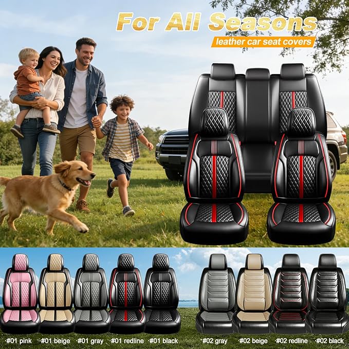 Fit Cruze Car Seat Covers for Select Chevrolet/Chevy Cruze 2011-2019 - Premium Full Coverage Leather, Airbag Compatible, Waterproof & All Weather Seat Cushion Protector, Full Set, Red Trim
