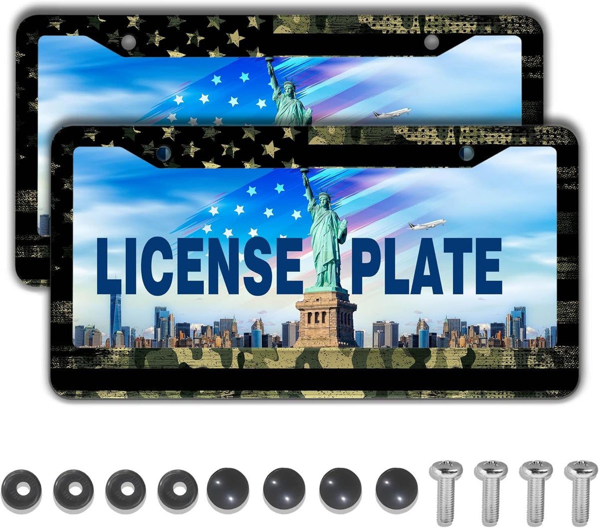 License Plate Frame Multicolor License Plate Holder USA Flag Black Camo Universal Aluminum Car Accessory 2 Pack with Screw Covers Set