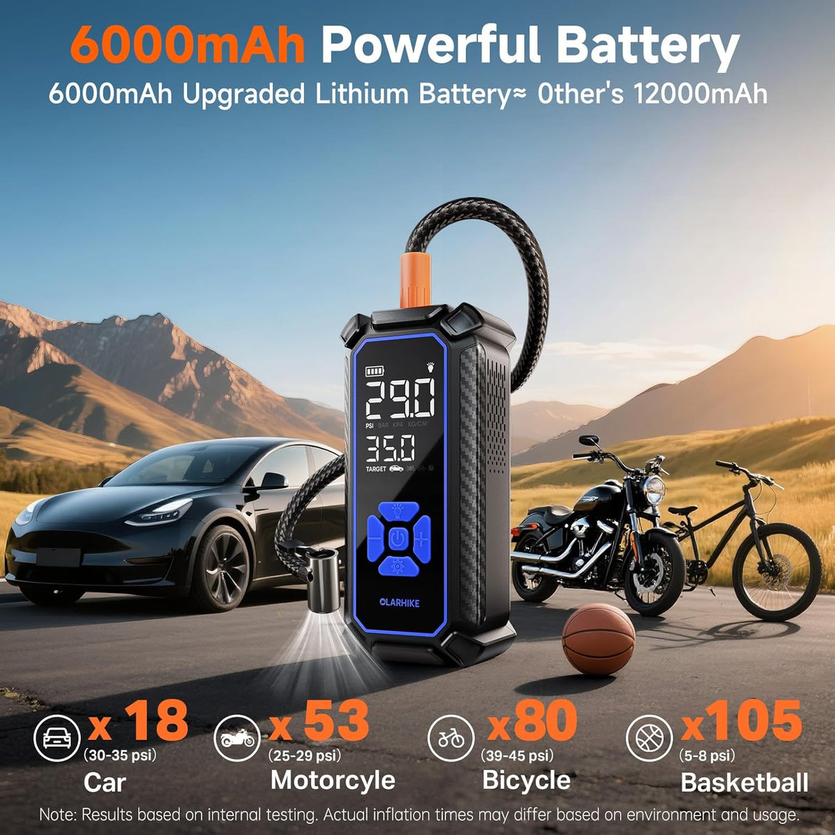 OlarHike Cordless Tire Inflator Portable Air Compressor, Quick Inflation, Air Pump for Car Tires, Pickup Truck, Motorcycle, Bicycle, Balls, Electric Pump with LED Light & Digital Pressure Gauge