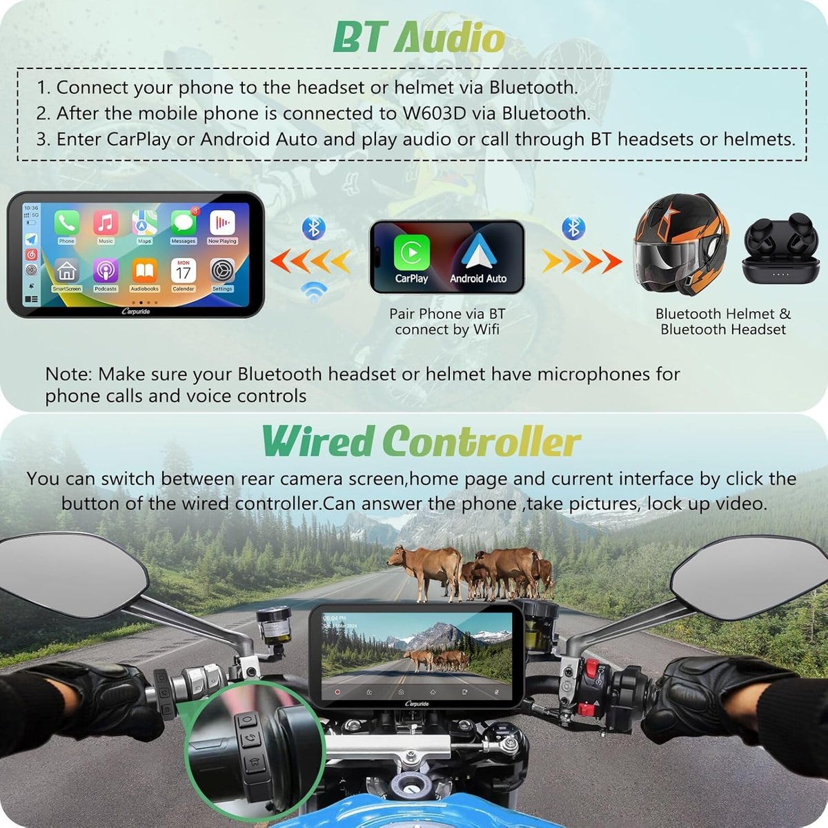Carpuride W603D Motorcycle GPS Carplay Screen, Wireless CarPlay & Android Auto for Moto, with HD 1080P Dual Cameras, Remote Control，6.3" Waterproof Touchscreen, BT Aduio, Loop Recording, Navigation