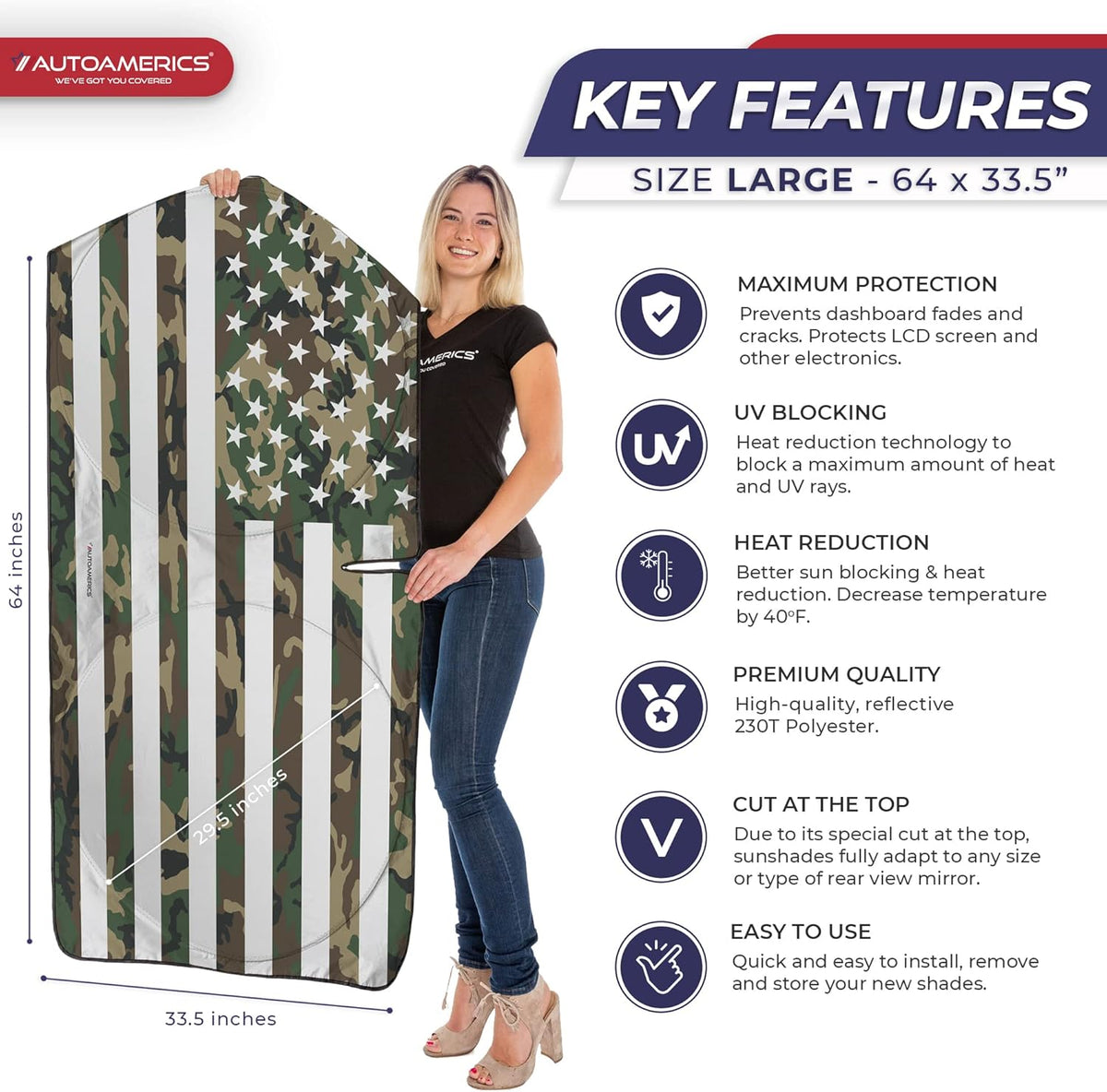 Autoamerics 1-Piece Windshield Sun Shade ERDL Camo American Flag USA Design - Foldable Car Front Window Sunshade for Most Sedans SUV Truck - Blocks Max UV Rays and Keeps Your Vehicle Cool - Large