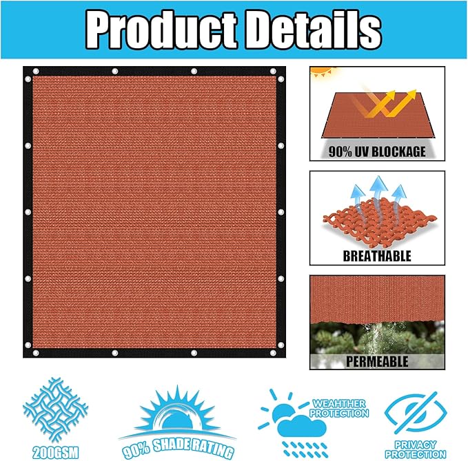 Amagenix 90% Pergola Shade Cover 10' X 12' Sun Shade Cloth with Grommets for Outdoor Garden Patio Porch, Commercial Grade 200 GSM - Cable Zip Ties Included (We Customized) GN108, Rust Red