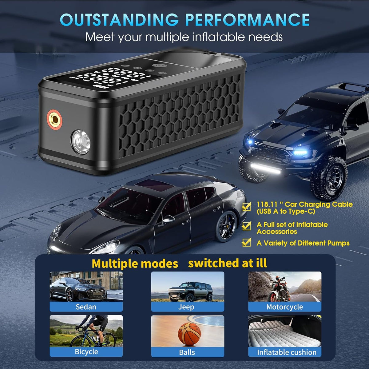 Tire Inflator Portable Air Compressor, 160 PSI Air Pump for Car Tires with Digital Pressure Gauge, Bike Tire Pump with LED Light Portable Tire Inflator for Car (Dark Gray)