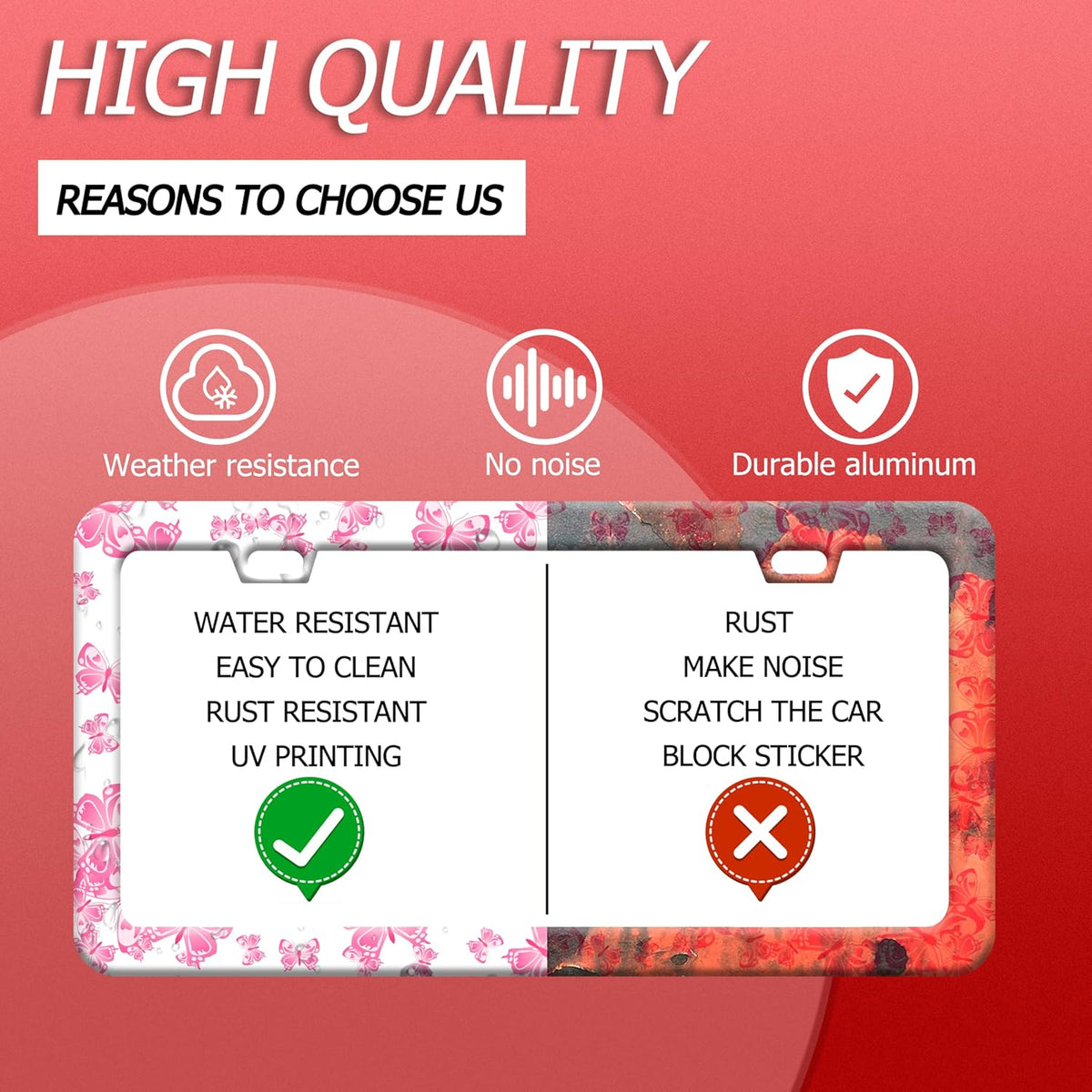 Pink Butterfly License Plate Frame Funny Animal License Plate Frames Stainless Steel Accessories Cars Decor with 2 Holes and Screws Fits Standard Us Ca Vehicles License Plate Holder 12.2 X 6 Inch