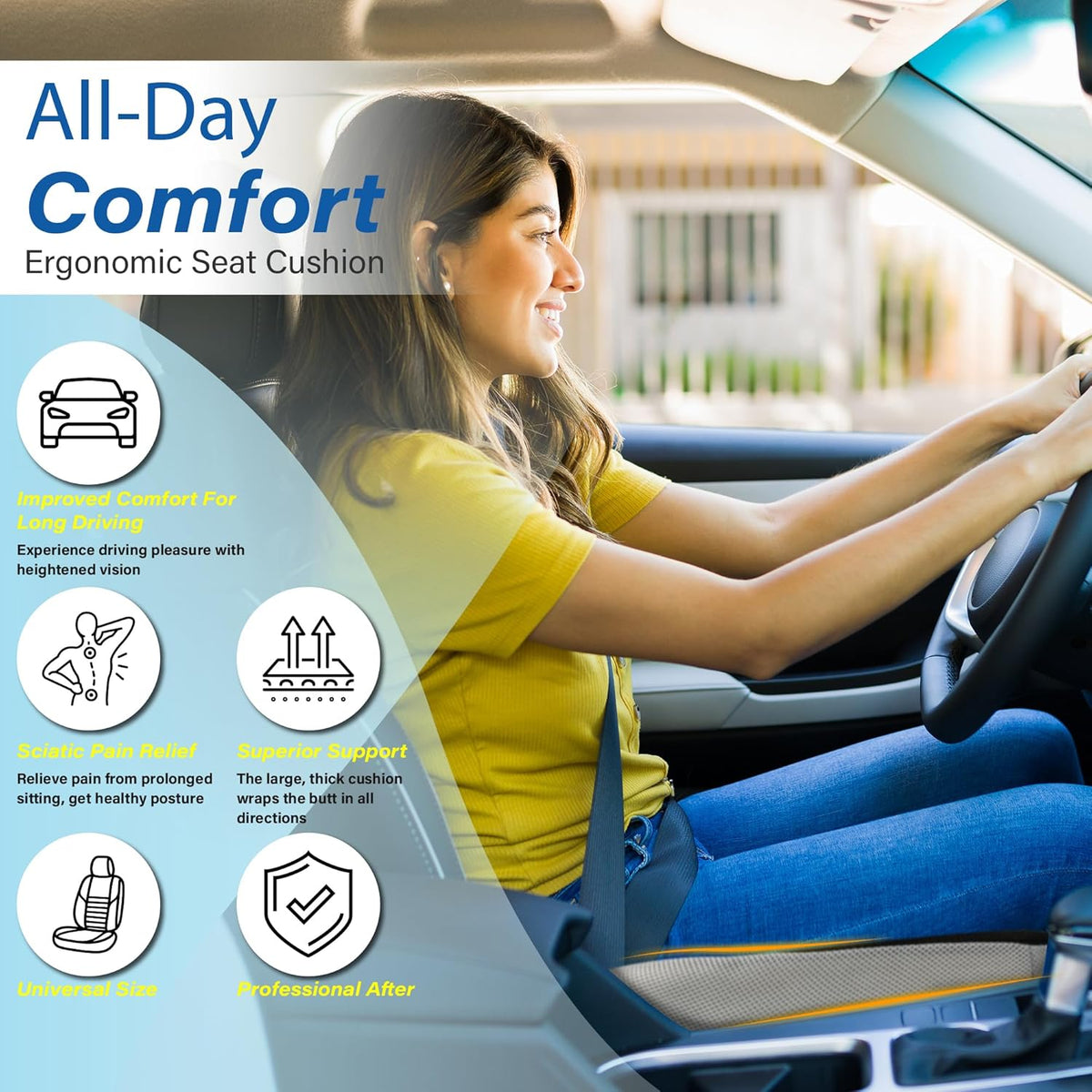 Car Seat Cushion, Ergonomic Memory Foam Car Cushion for Sciatica Pain Relief, Larger Driving Seat Pillow for Short Drivers on Long Drives - Butt Pillow for Truck, Office, Wheelchair - Large Black