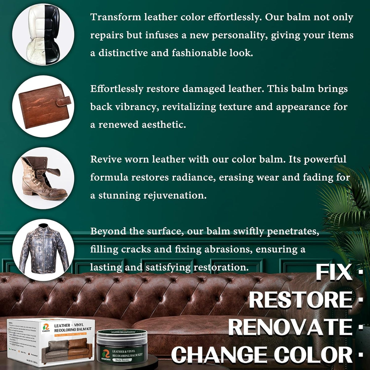 Dark Brown Leather Repair Kit, Leather Recoloring Balm – Restore & Repair Faded Leather on Couches, Car Seats, Shoes & Furniture | Leather Color Restorer & Conditioner | Easy DIY Application