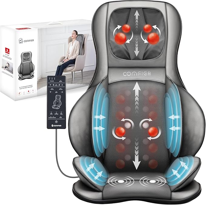 COMFIER Massager Chair with Heat, Shiatsu Neck Back Massager Portable with Compression & Rolling,Massage Chair Pad for Neck & Back for Muscle Tension Relief