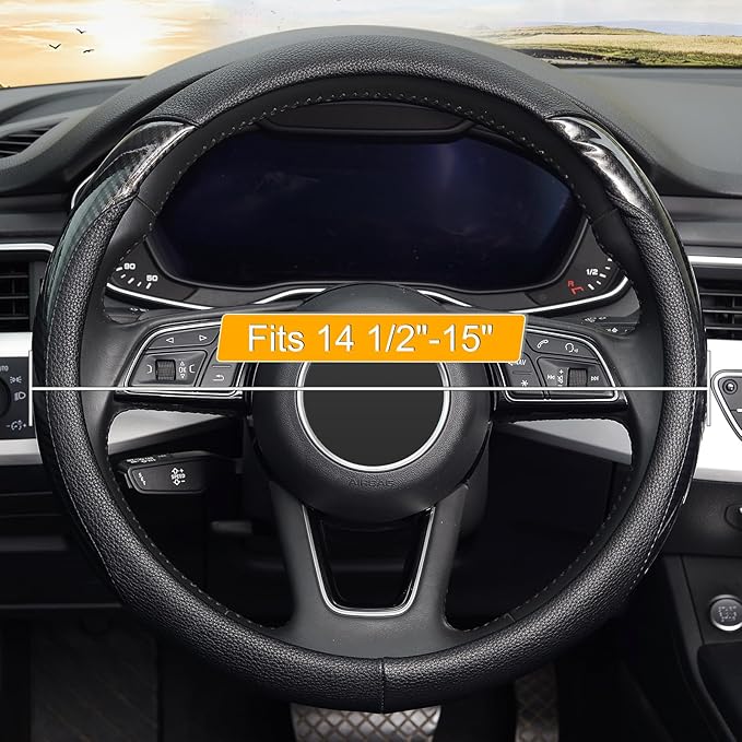 KAFEEK Carbon Fiber Steering Wheel Cover, Universal 15 inch, Anti-Slip, Odorless,Black