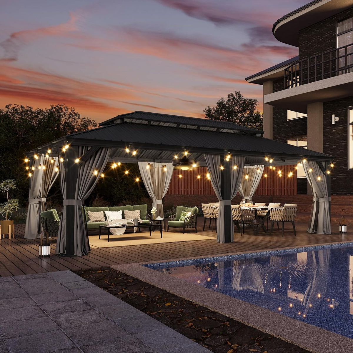 Aoxun 12' X 24' Hardtop Gazebo with Drainage System, Aluminum Outdoor Gazebo with Galvanized Steel Double Roof, Patio Permanent Metal Pavilion with 20 inch Ceiling Fan, for Garden, Deck, Grey