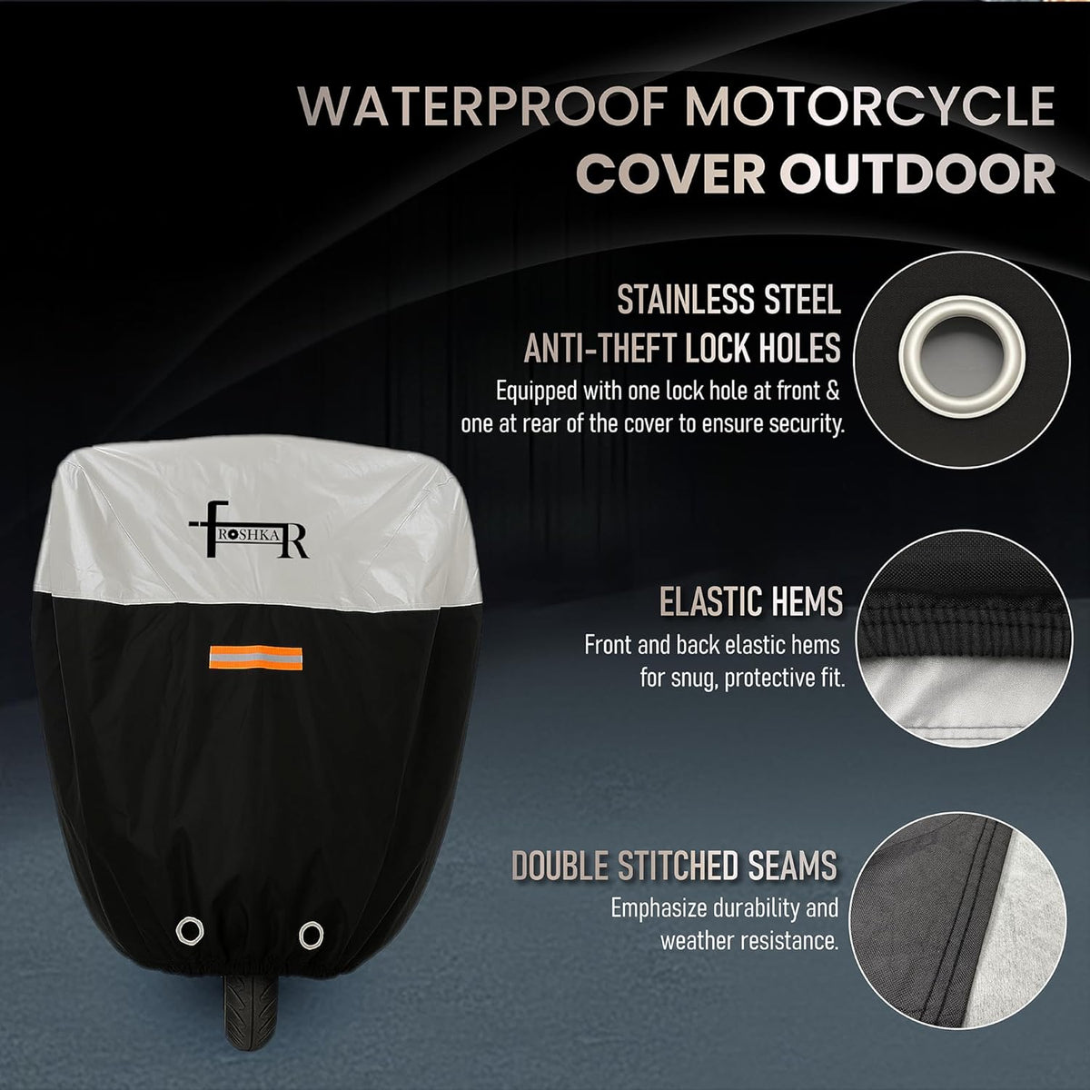 Motorcycle Cover Waterproof Outdoor with Cotton Lining, All Weather Protection from Rain, Dust & Snow - 300D Heavy Duty, Lock Holes, Storage Bag, Universal Fits up to 108" Motorcycles - MC2