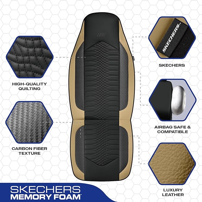 Skechers Memory Foam Car Seat Covers, Leather High Back Seat Covers Quilting Design,Waterproof Sports Car Seat Covers Full Sets,Airbag Compatible, Universal Fit for Most Cars, SUVs,Trucks,Beige