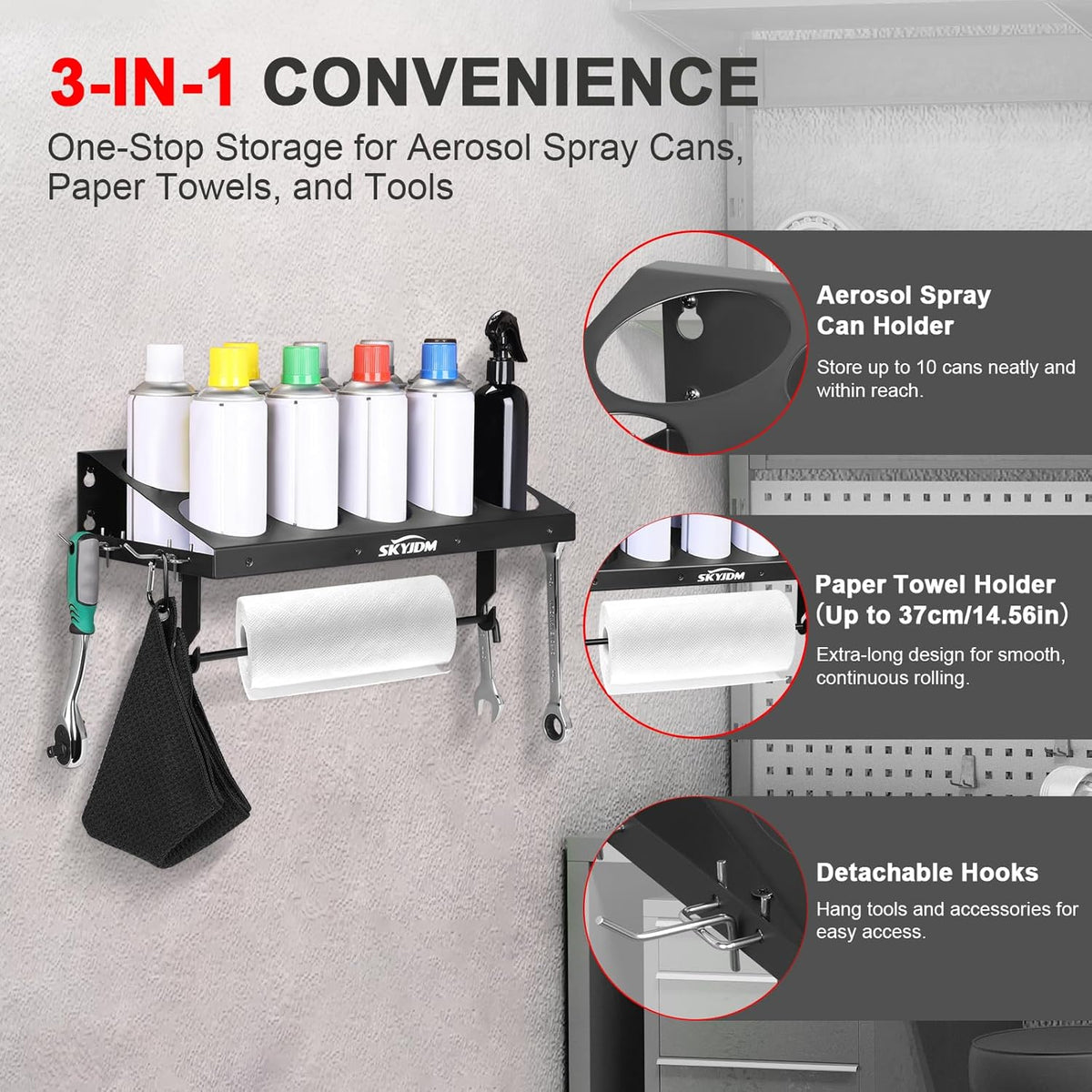 10 Aerosol Spray Can Holder with Paper Towel Holder & 4 Detachable Hooks, Space-Saving Tool Organizer Wall Mount for Garage, Workspace and Tool Room