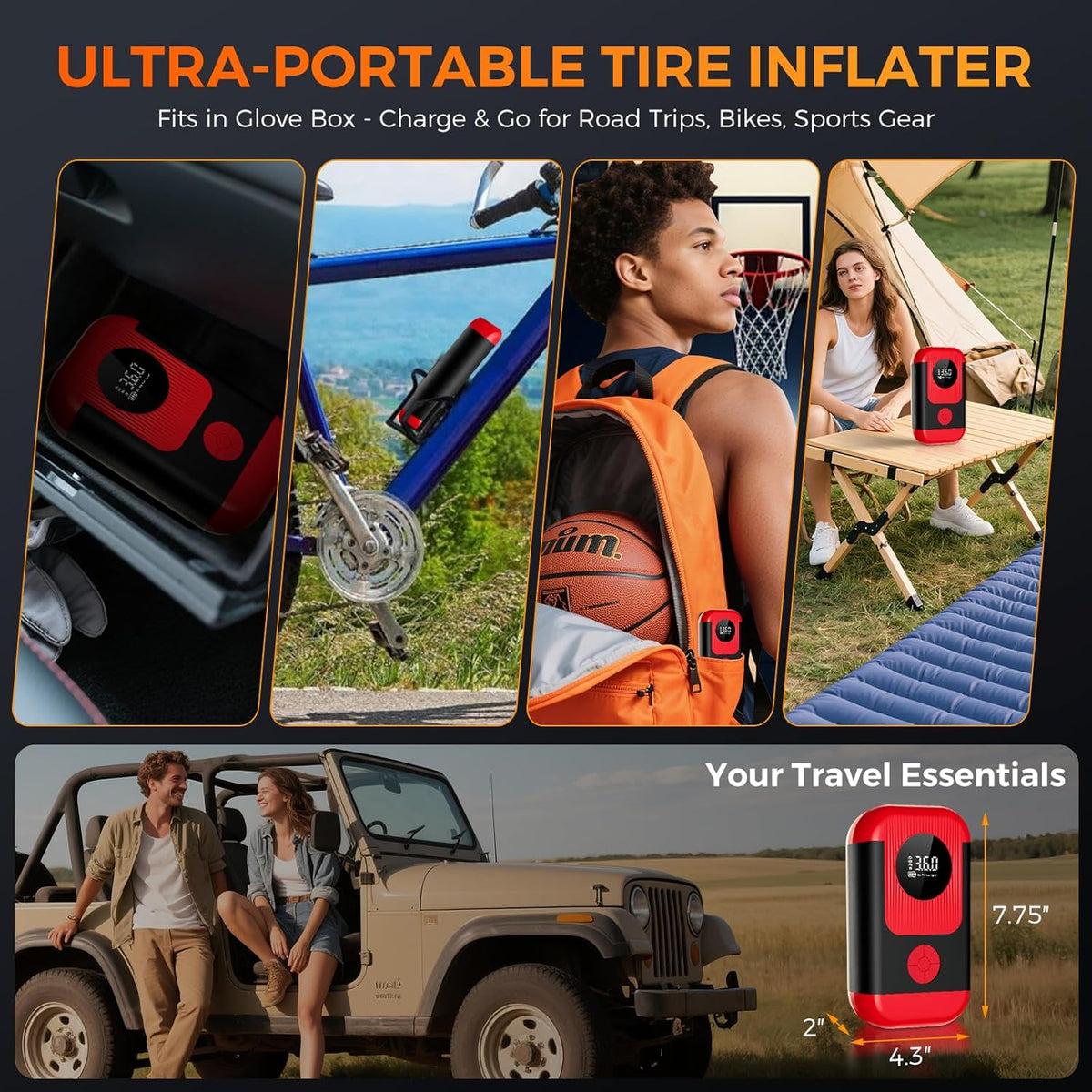 Tire Inflator Portable Air Compressor with battery jumper starter, 28000mAh Battery 3X Faster Cordless Tire Inflator with Tire Pressure Gauge,150PSI Electric Air Pump for Car Tires,Motorcycle,Bike
