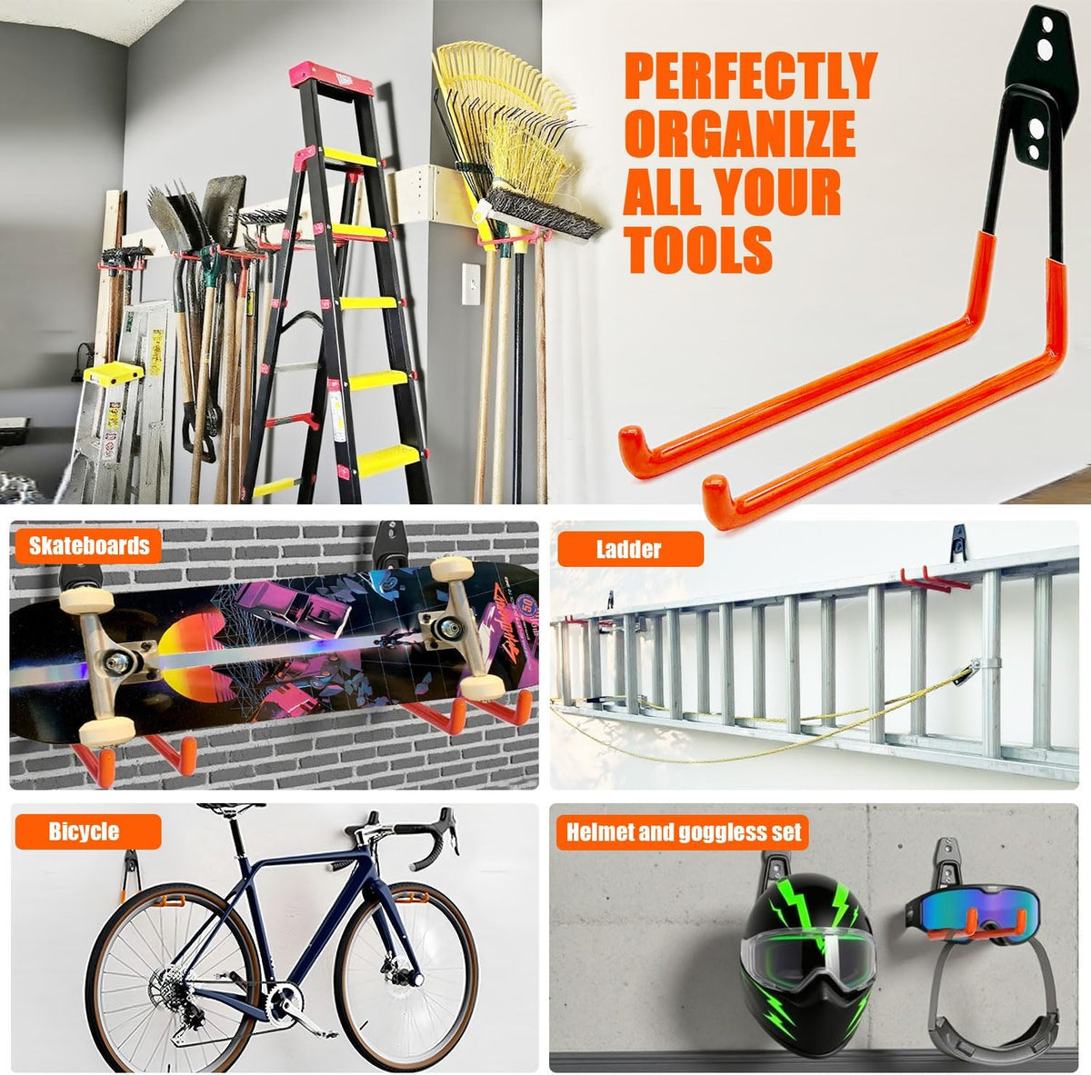 Heavy-Duty Garage Hooks -4 Pack Type large J - Anti-Slip Coated Wall-Mounted Hooks Wall Mount Storage Organizer for Hanging Power and Garden Tools, Ladders, Hose, Bikes, Ropes, Bulk Items, and More