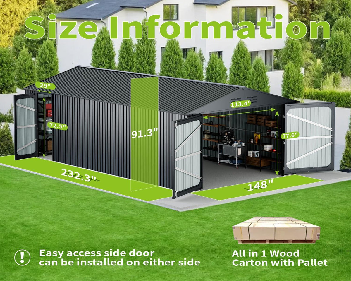 20 x 13 FT Outdoor Storage Shed, Large Metal Garden Shed with 2 Lockable Doors, Tool Shed Outdoor Storage with 4 Air Vents, Garage Shed Waterproof for Car, Truck, Bike, Garbage Can, Tool, Black
