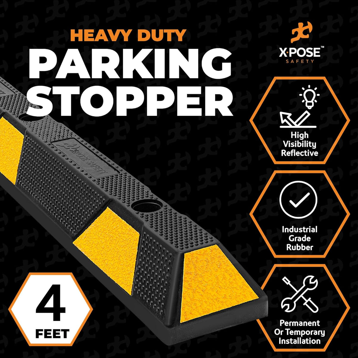 Xpose Safety 72" Heavy Duty Rubber Parking Stopper – 1 Pack Wheel Blocks for Garage, Driveway, or Ramp – Car Bumper Stop with Yellow Reflective Strips – Removable Floor Mount
