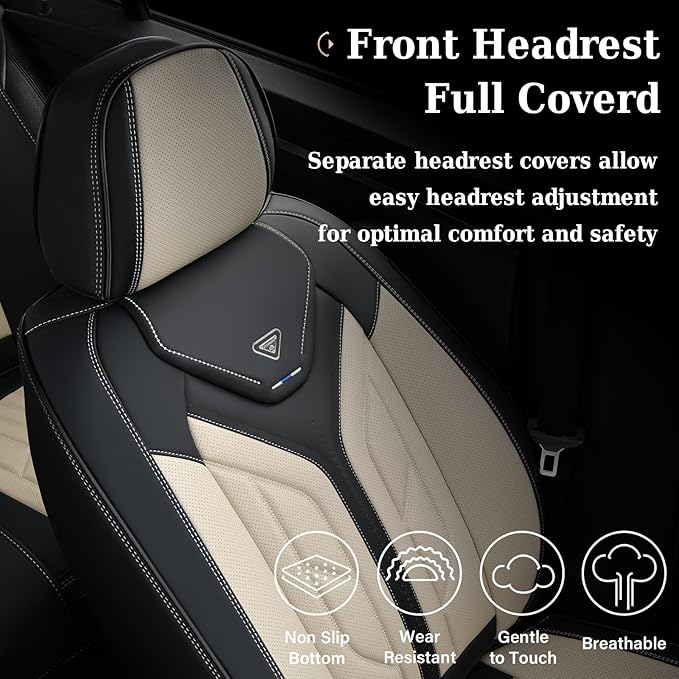 Coverado Seat Covers, Car Seat Covers Full Set, Leather Seat Covers for Cars, Automotive Seat Covers Car Seat Protector Car Accessories Fit for Most Sedans SUV Pick-up Truck(Black&Beige)