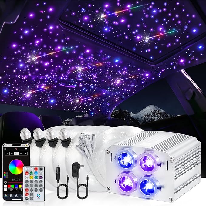Car Starlight Headliner Kit, 4 Colors 32W Twinkle & Meteor Fiber Optic Ceiling Lights, 2 in 1 Light Engine 1000pcs*0.03in*13.1ft+240 RGBW Shooting Stars Lights for Car Home Roof Décor