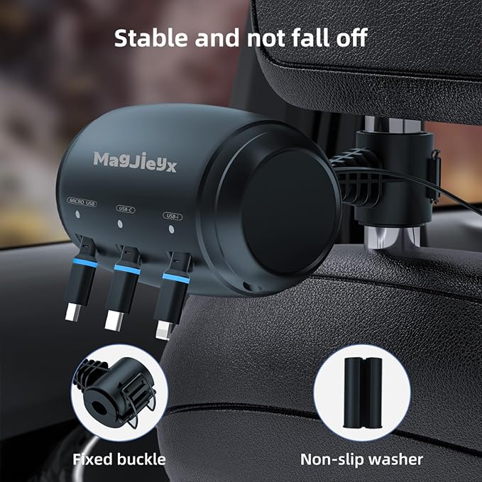 MAGJIEYX Multi Retractable Car Charger Station, Headrest 3 in 1 Charging Box Share Ride Dock for Backseat with Fast 38W Charger Adapter for All Phones|iPhone17/16/15/14|Samsung|iPad|Android
